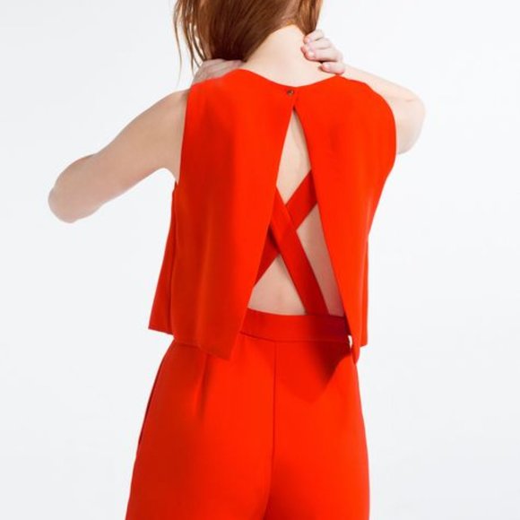 Zara Pants - Zara Jumpsuit Womens XS Red Open Cross Back Wide Leg Bloggers Favorite NEW